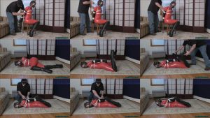 Rachel is tied up and a heavy leather muzzle headharness gag is strapped  - Rachel Adams is Tied and Muzzled in Wedge Boots Part 2 of 2 - Fantastic bondage captive!