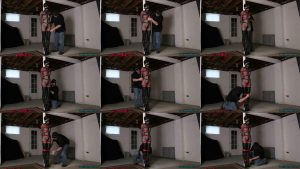 Leather Bondage with black leather blindfold and black leather strap gag - Masha is tied to to the basement dungeon post in thigh high boots -  HD
