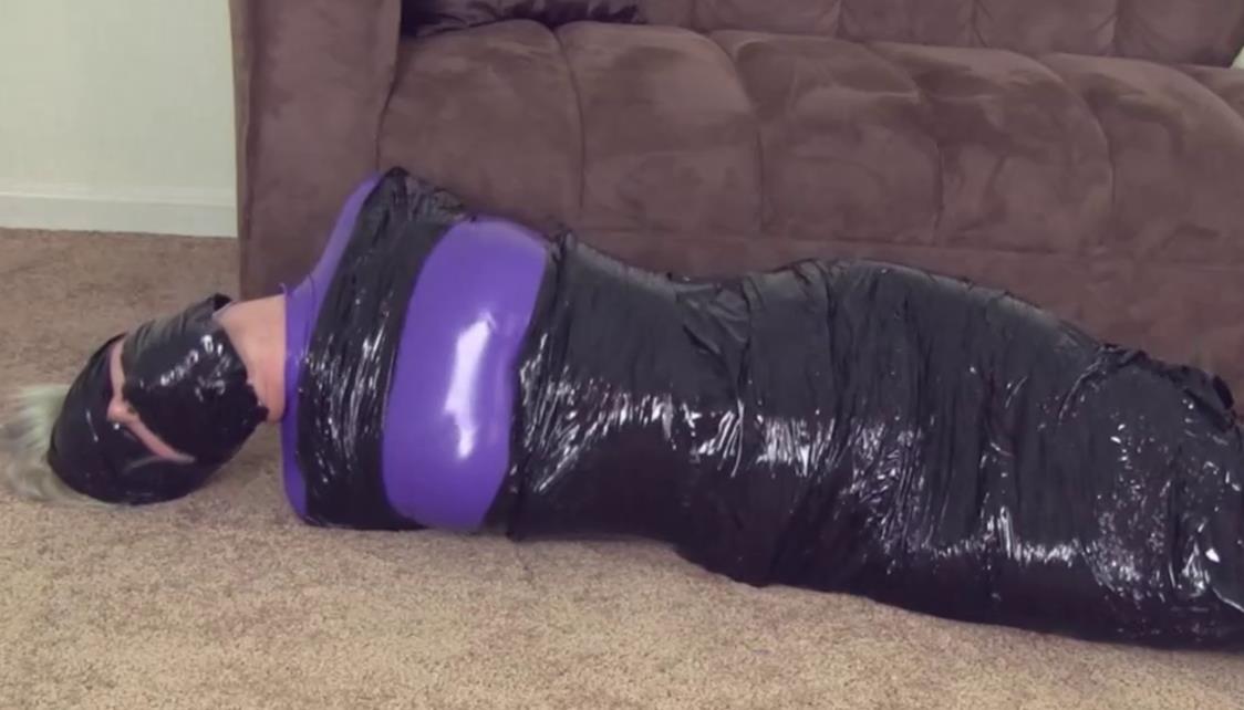 Tape Bondage - Claire D’Lune is wraped in securely with microfoam tape – Purple Hobble Dress - Mummification Bondage